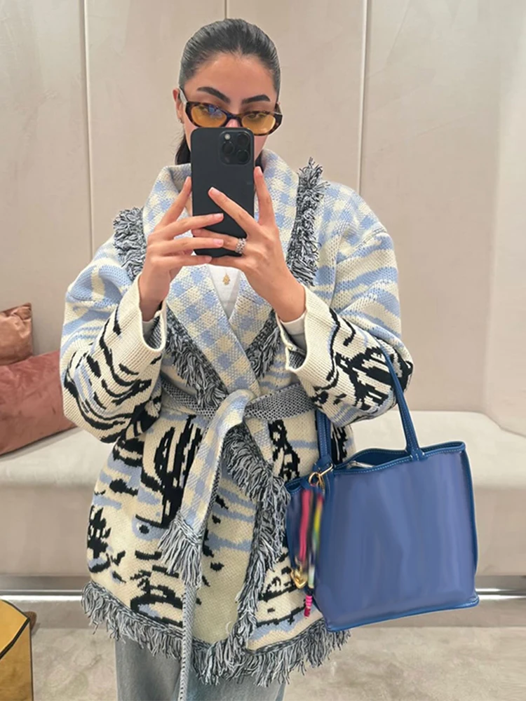 Kardigan Rajut Wanita dengan R - Tassel Fringe Trim ulasan dan harga